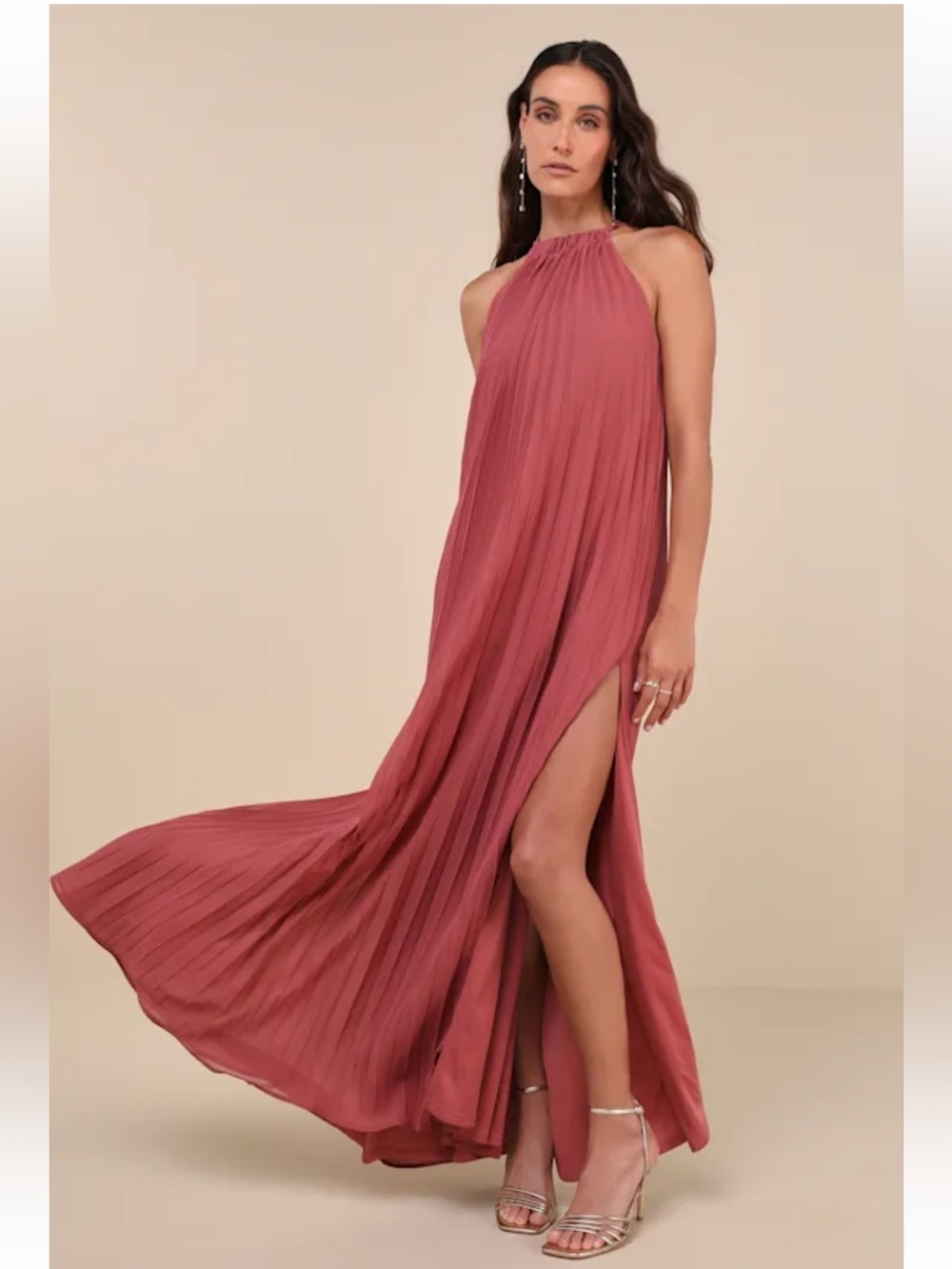 NWT Lulus Exceptionally Elegant Rusty Rose Pleated Chiffon Maxi Dress